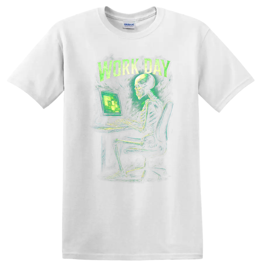 Work Day skeleton at computer in distressed vintage gothic green graphic on a White T Shirt