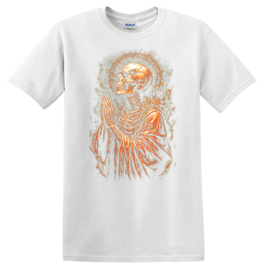 Praying skeleton skull with fiery halo in vintage gothic dark-art style on a White T Shirt