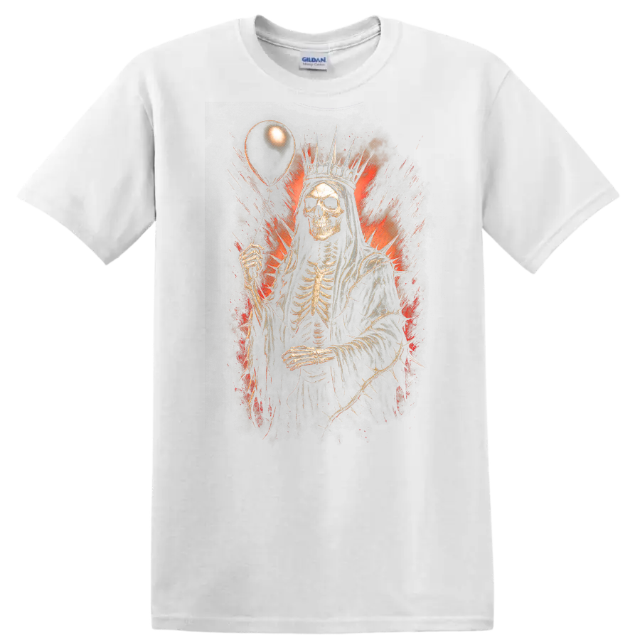 Crowned skeleton holding a balloon in distressed red and black gothic horror art on a White T Shirt