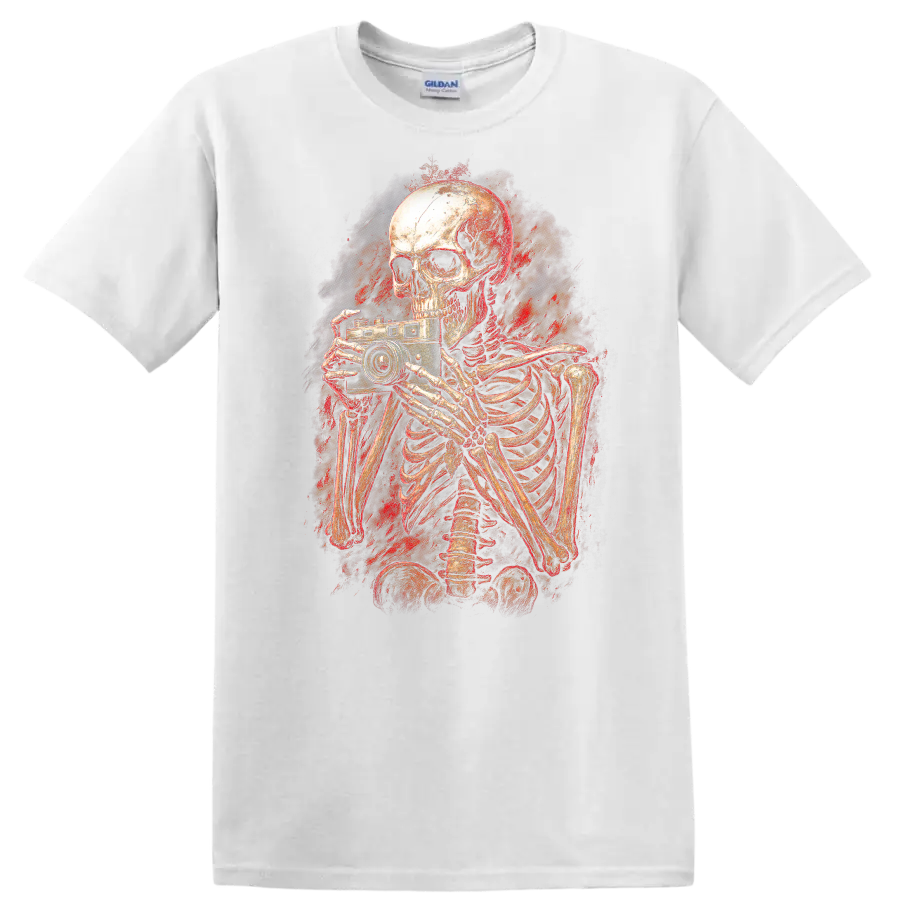 Distressed gothic skeleton photographer holding a vintage camera horror art graphic on a White T Shirt