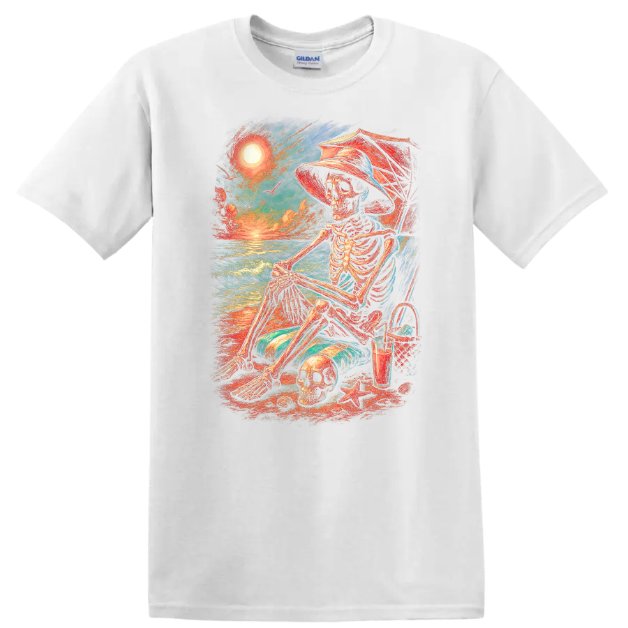 Vintage-style skeleton in beach chair with skull, ocean waves, hat, and sunset on a White T Shirt