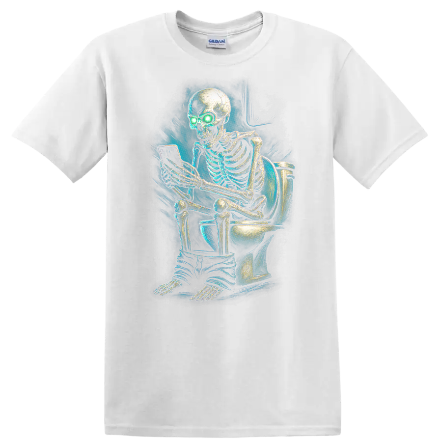 Vintage gothic skeleton on toilet using phone with glowing green eyes on a White T Shirt