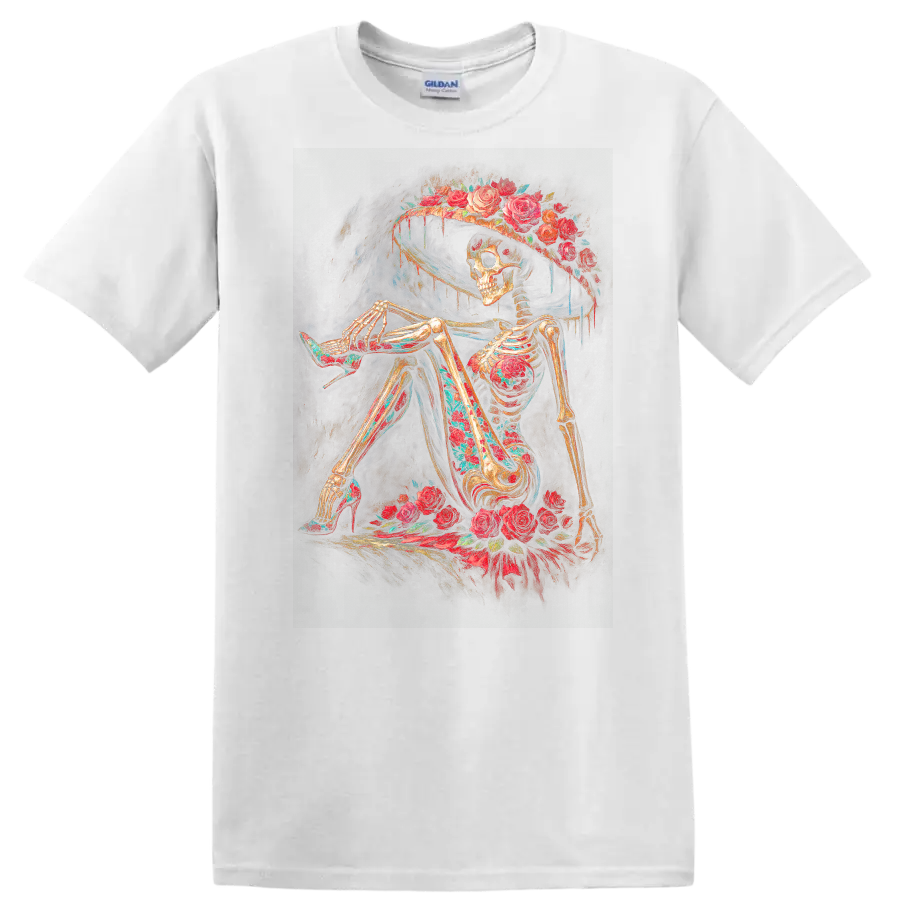 Vintage gothic skeleton in a wide-brim hat surrounded by red roses on a White T Shirt