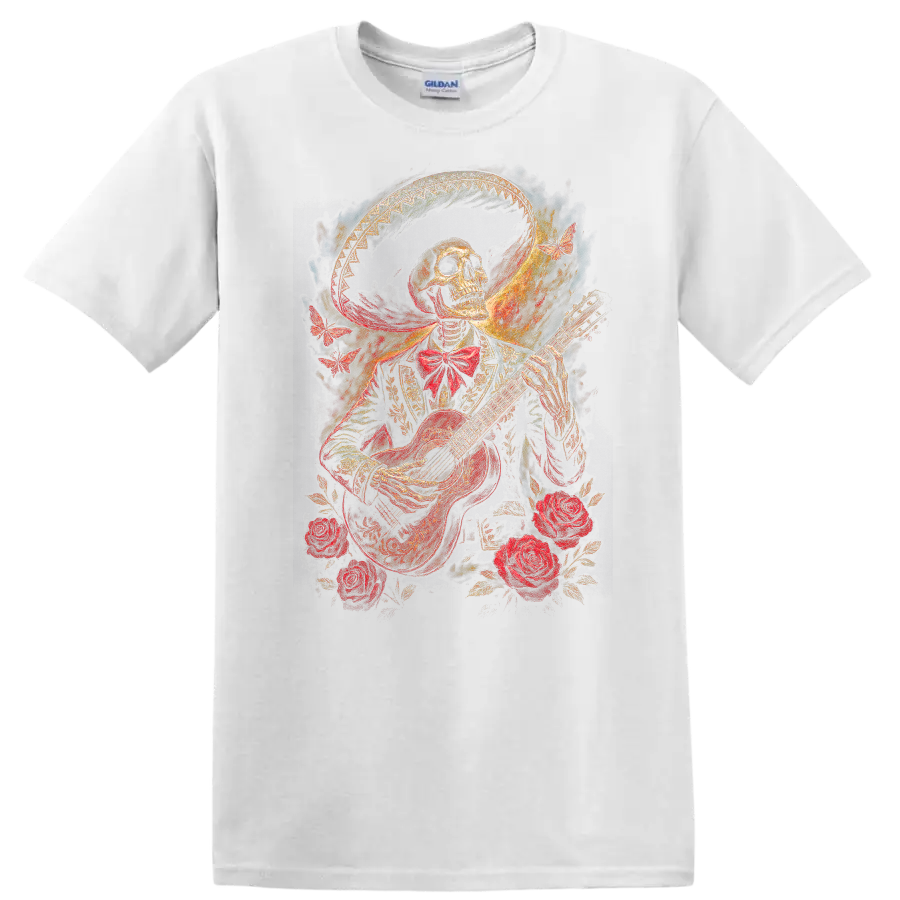 Vintage gothic skeleton guitarist with roses, butterflies, and ornate wide-brimmed hat on a White T Shirt