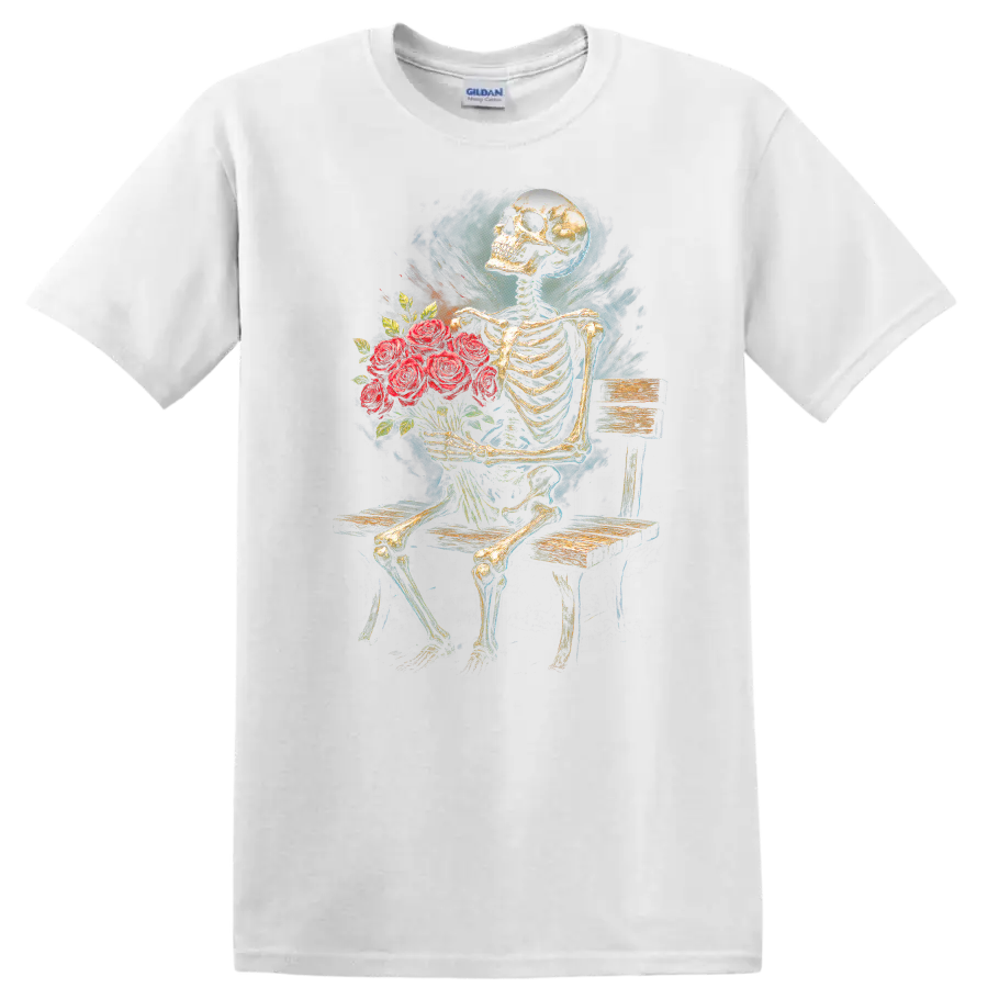 Vintage gothic skeleton holding a bouquet of red roses while seated on a wooden bench on a White T Shirt