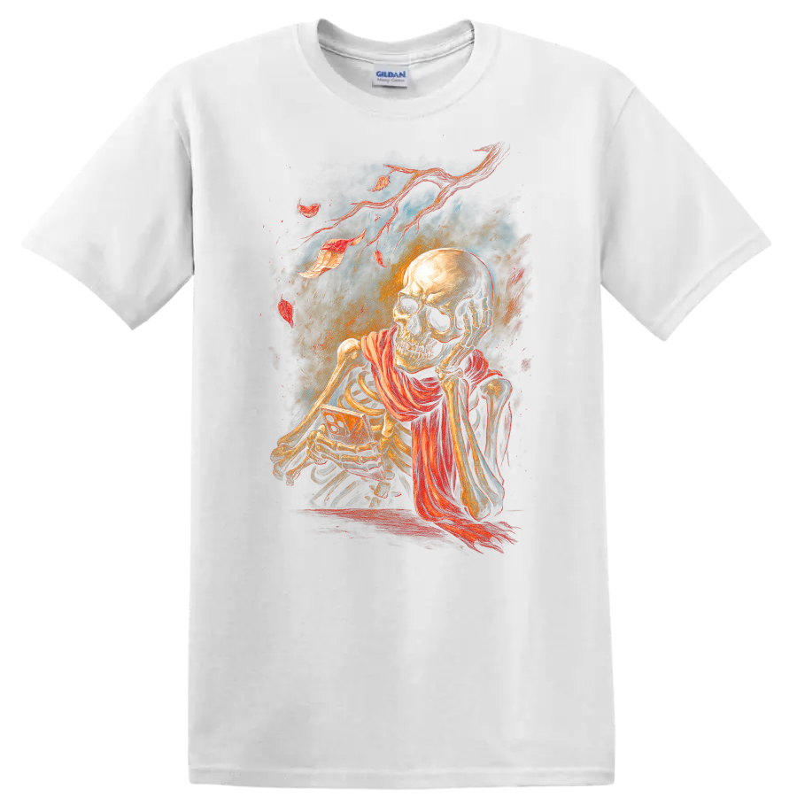 Vintage gothic skeleton skull illustration with flowing red scarf and distressed ribbons on a White T Shirt