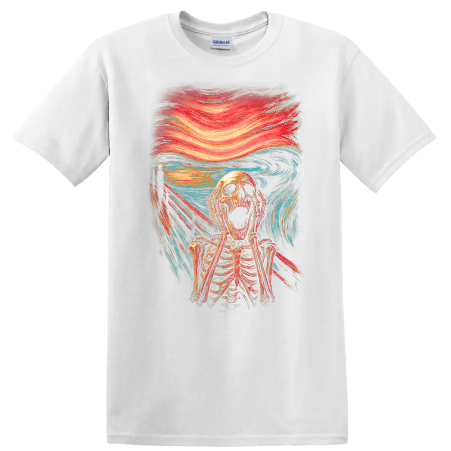 Screaming skeleton in vintage gothic horror art with swirling red and blue brushwork on a White T Shirt