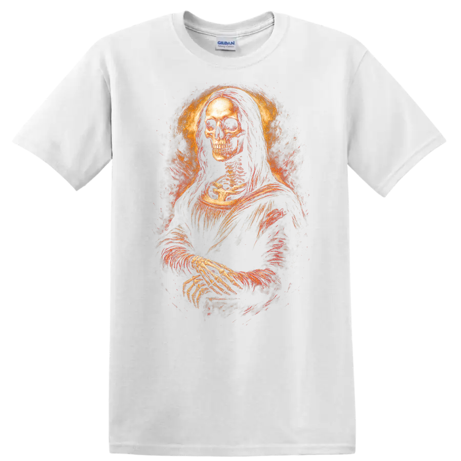 Vintage gothic skeleton portrait with crossed hands and fiery distressed halo on a White T Shirt