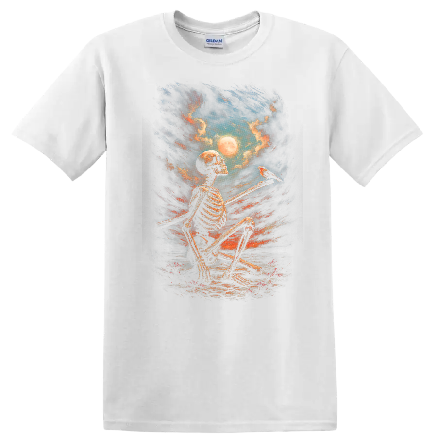 Vintage gothic painting of seated skeleton, bird, full moon, and dramatic night sky on a White T Shirt