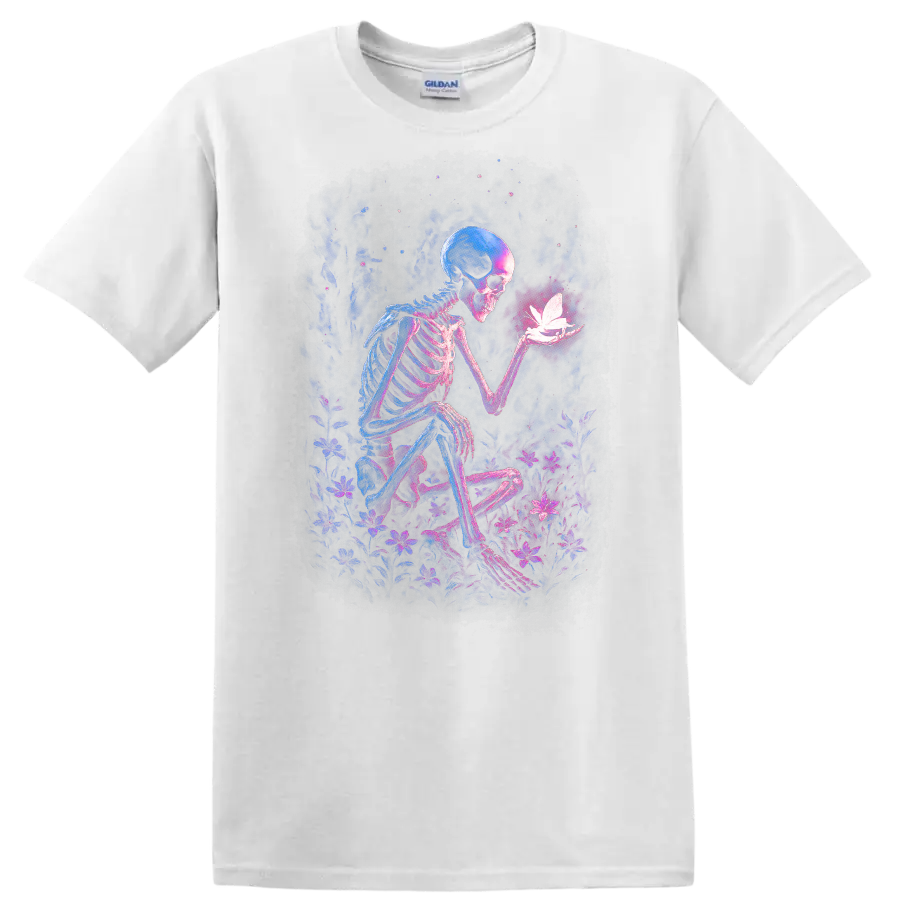 Gothic skeleton holding a glowing butterfly amid neon wildflowers on a White T Shirt