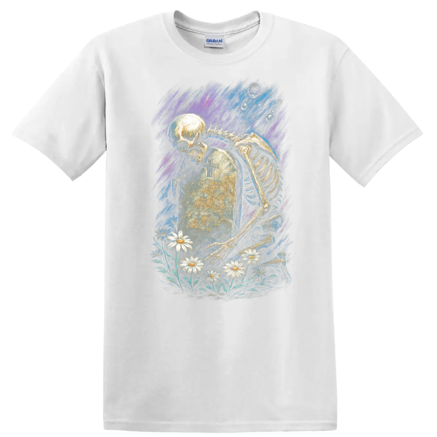 Skeleton mourning beside a cross tombstone and daisies in vintage gothic artwork on a White T Shirt