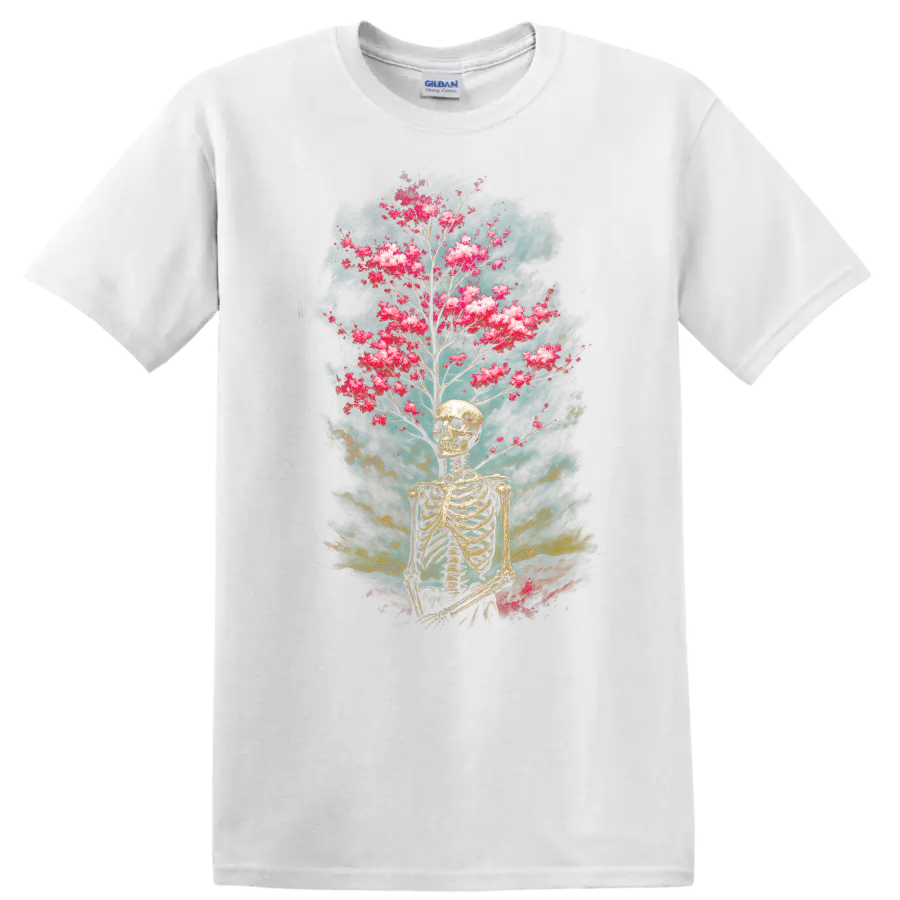 Vintage gothic skeleton skull with pink blooming branches and smoky teal backdrop on a White T Shirt