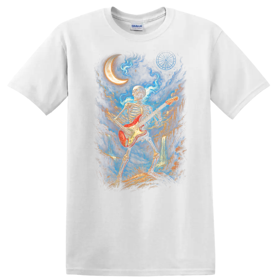 Skeleton guitarist with red electric guitar in moonlit gothic fantasy art on a White T Shirt
