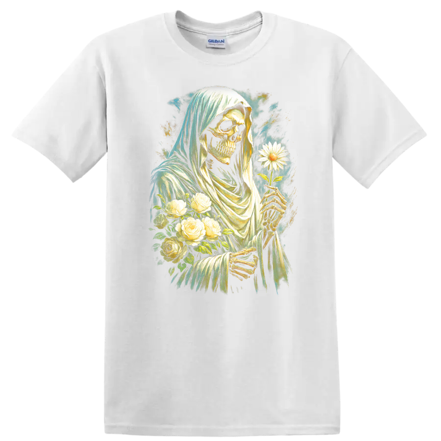 Vintage gothic hooded skeleton holding a white daisy with roses on a White T Shirt