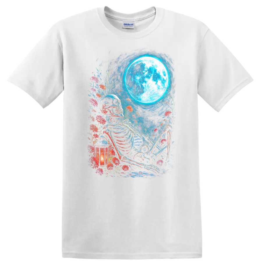 Vintage gothic skeleton resting among wildflowers beneath a full moon with lantern on a White T Shirt