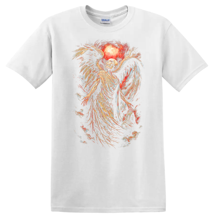 Vintage winged skeleton skull beneath a glowing moon in distressed gothic art on a White T Shirt