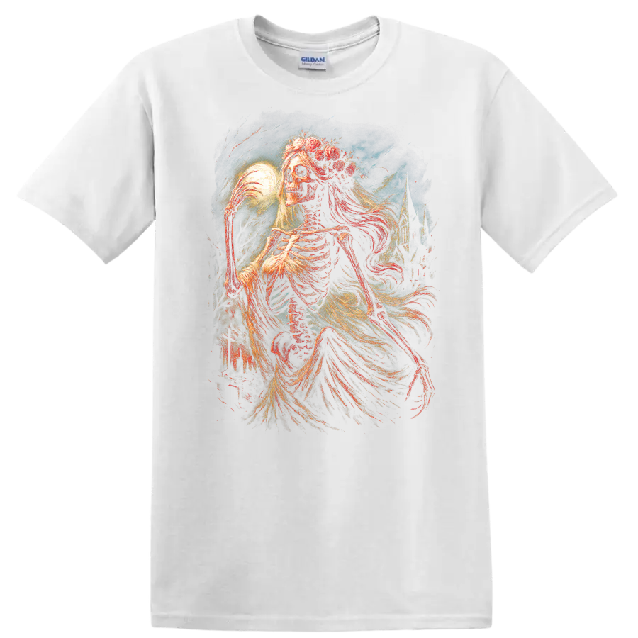 Moonlit floral skeleton in ornate vintage gothic art with flowing drapery on a White T Shirt