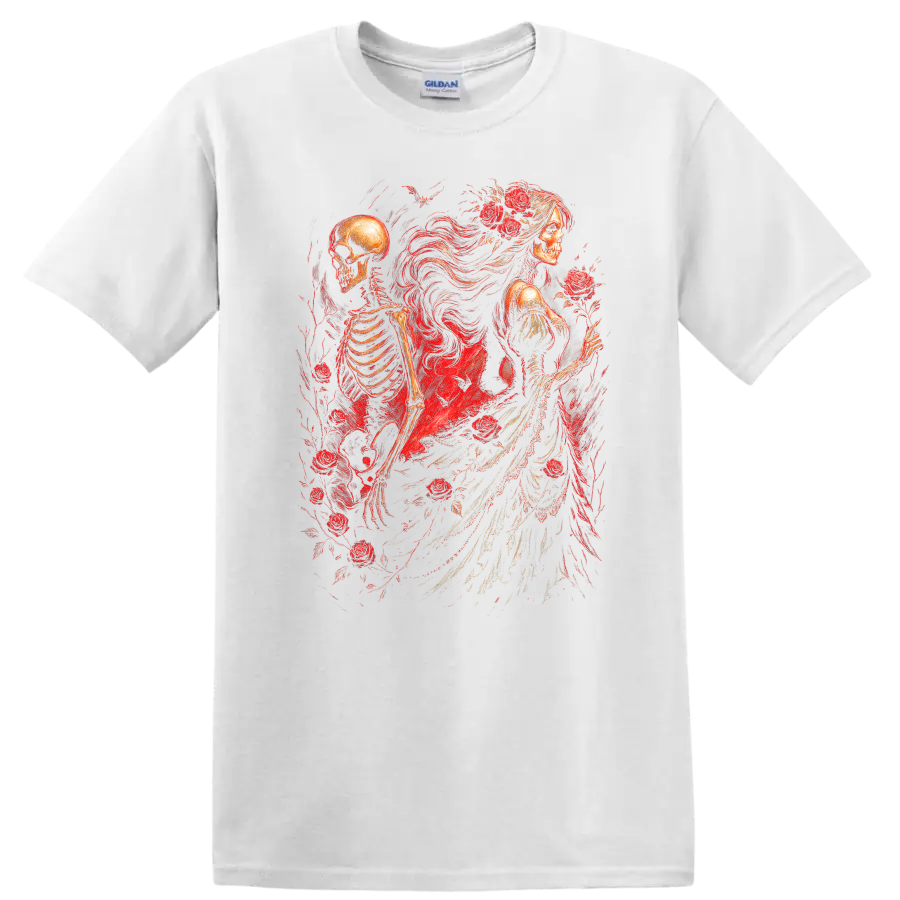 Vintage gothic skeletal woman and skeleton surrounded by red roses on a White T Shirt