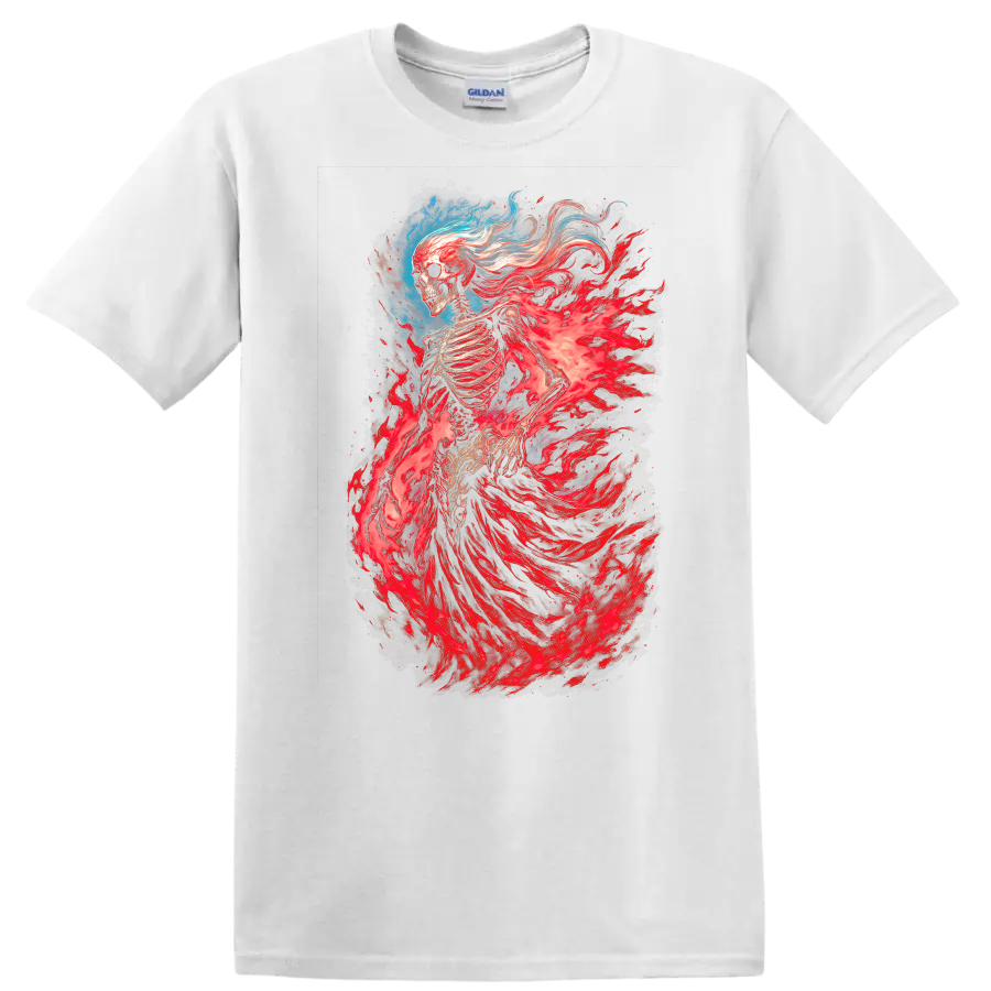 Flaming skeleton spirit with red spectral energy in detailed gothic fantasy art on a White T Shirt