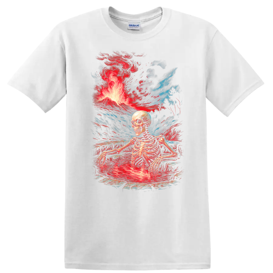 Vintage gothic skeleton standing in a lava pool beneath an erupting volcano on a White T Shirt
