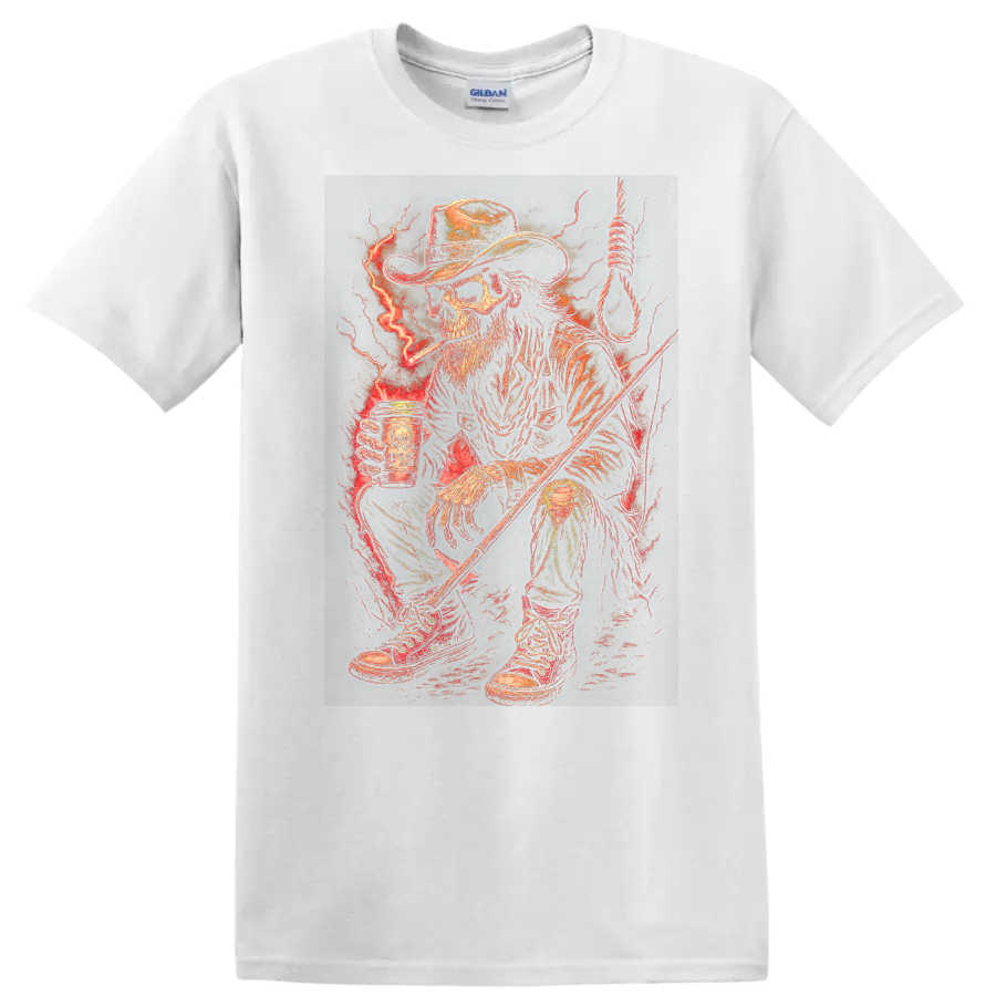 Vintage Gothic skeleton cowboy with red lightning, noose, boots, and rugged Western art on a White T Shirt