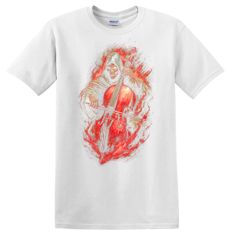 Hooded skeleton cellist with a red cello surrounded by fiery gothic artwork on a White T Shirt