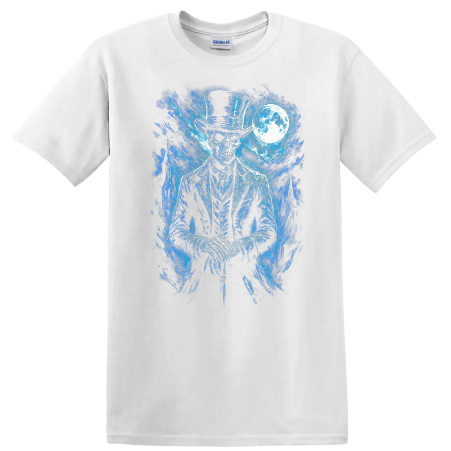 Moonlit gothic skeleton in top hat with blue spectral art and full moon on a White T Shirt