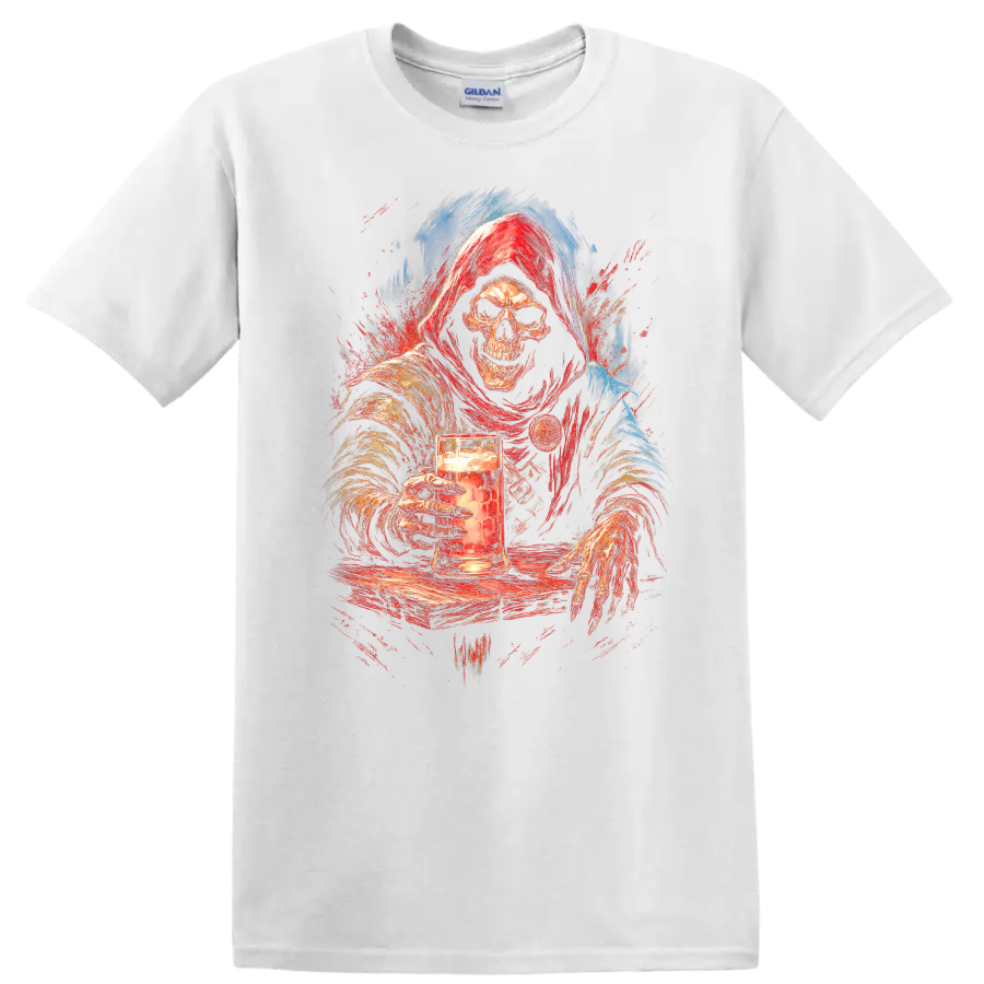 Hooded skeleton holding a beer mug in distressed red and blue gothic art on a White T Shirt