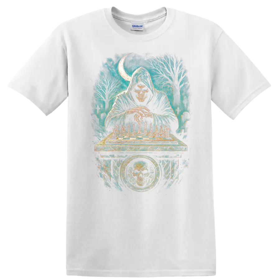 Hooded skull playing chess in a moonlit graveyard gothic illustration on a White T Shirt