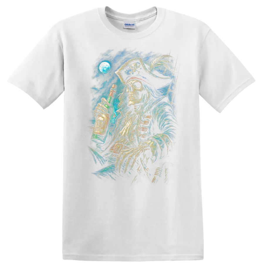 Moonlit skeletal pirate holding a rum bottle in detailed vintage gothic sea art on a White T Shirt