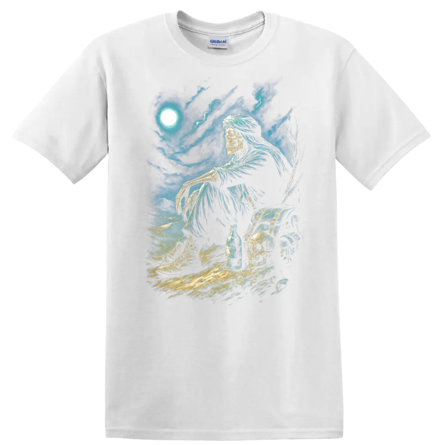 Moonlit skeleton wanderer with skulls, chest, and stormy gothic nightscape on a White T Shirt