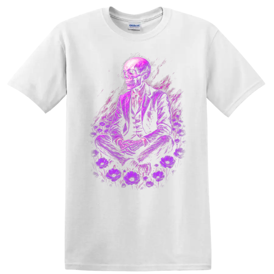 Purple skeleton in suit surrounded by flowers in vintage gothic illustration on a White T Shirt