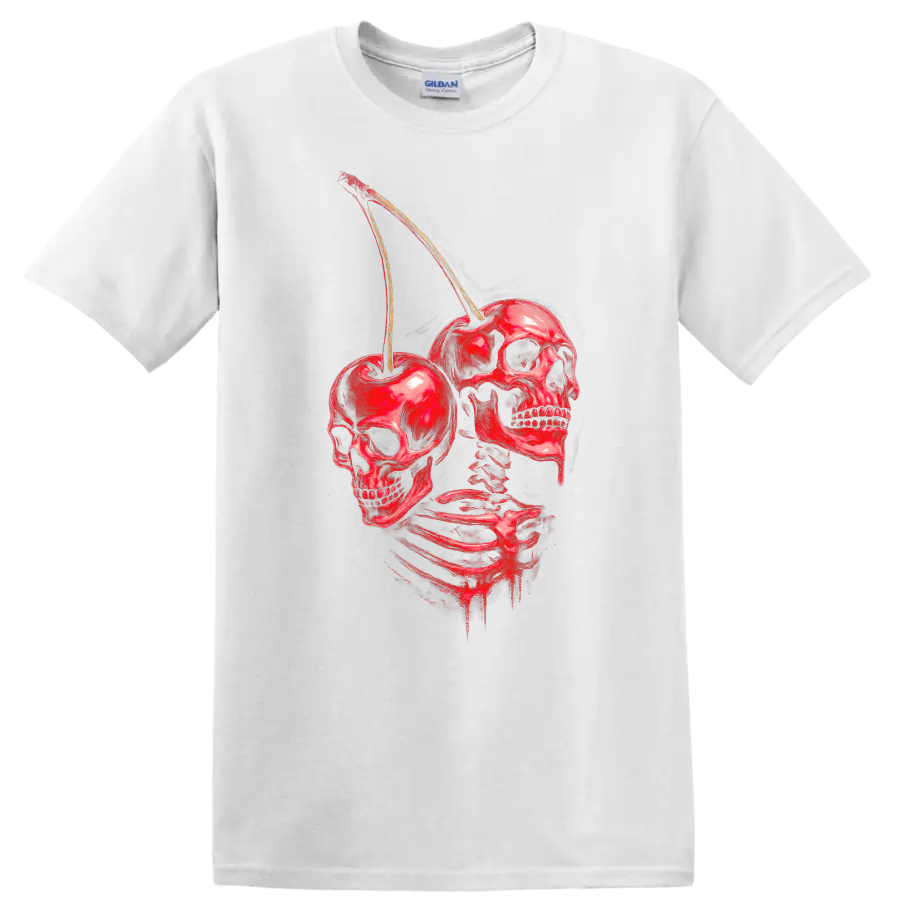 Red skeleton with skulls and cherries in a distressed vintage gothic illustration on a White T Shirt