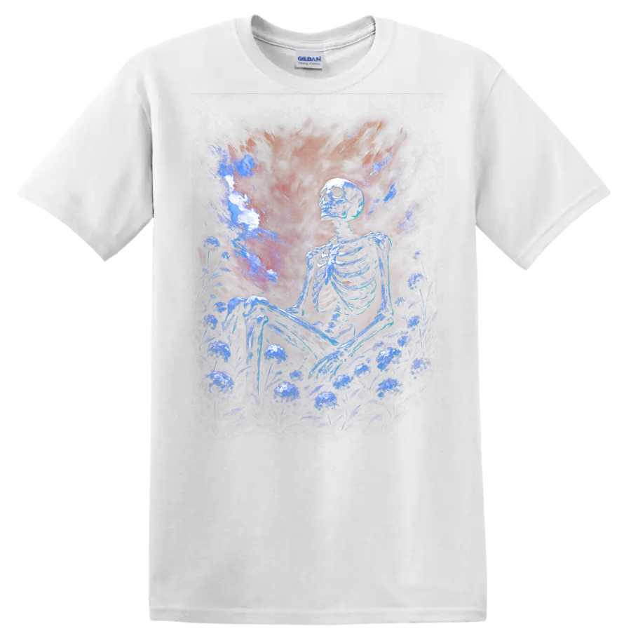 Blue skeleton seated in a dark floral garden beneath a dramatic gothic painted sky on a White T Shirt
