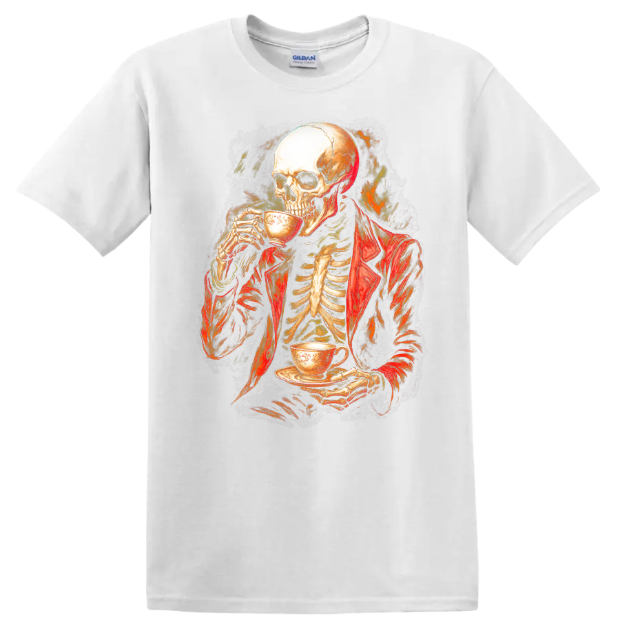 Vintage gothic skeleton in a red jacket drinking tea with a fiery dark backdrop on a White T Shirt