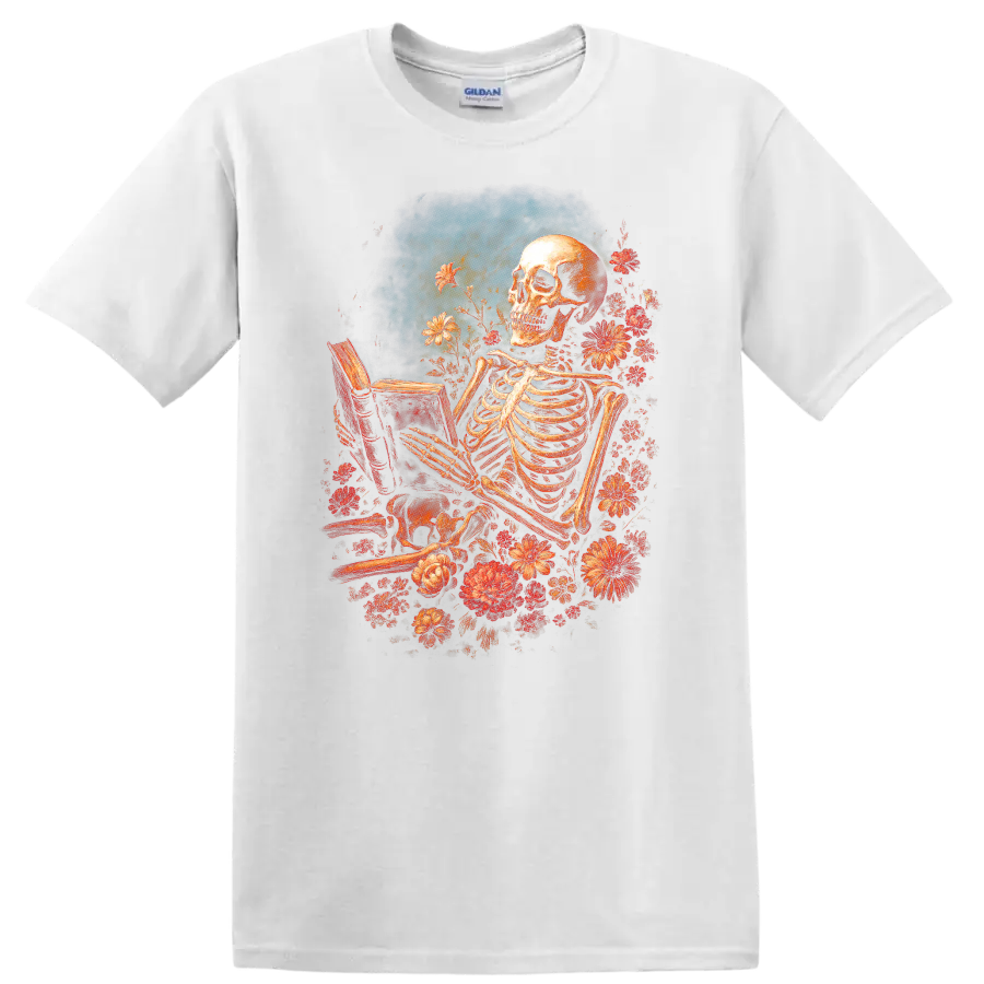 Vintage gothic skeleton reading a book surrounded by red flowers on a White T Shirt