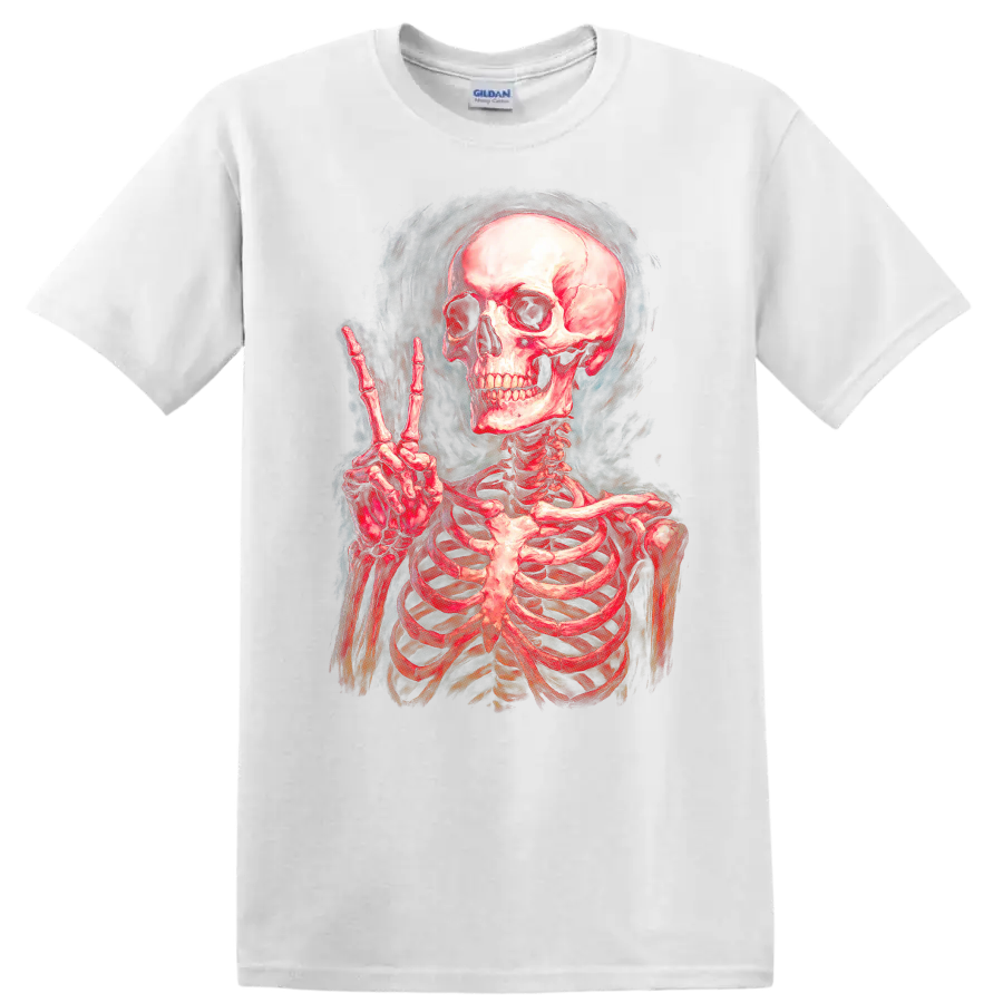 Vintage red skeleton skull making a peace sign in smoky gothic illustration style on a White T Shirt