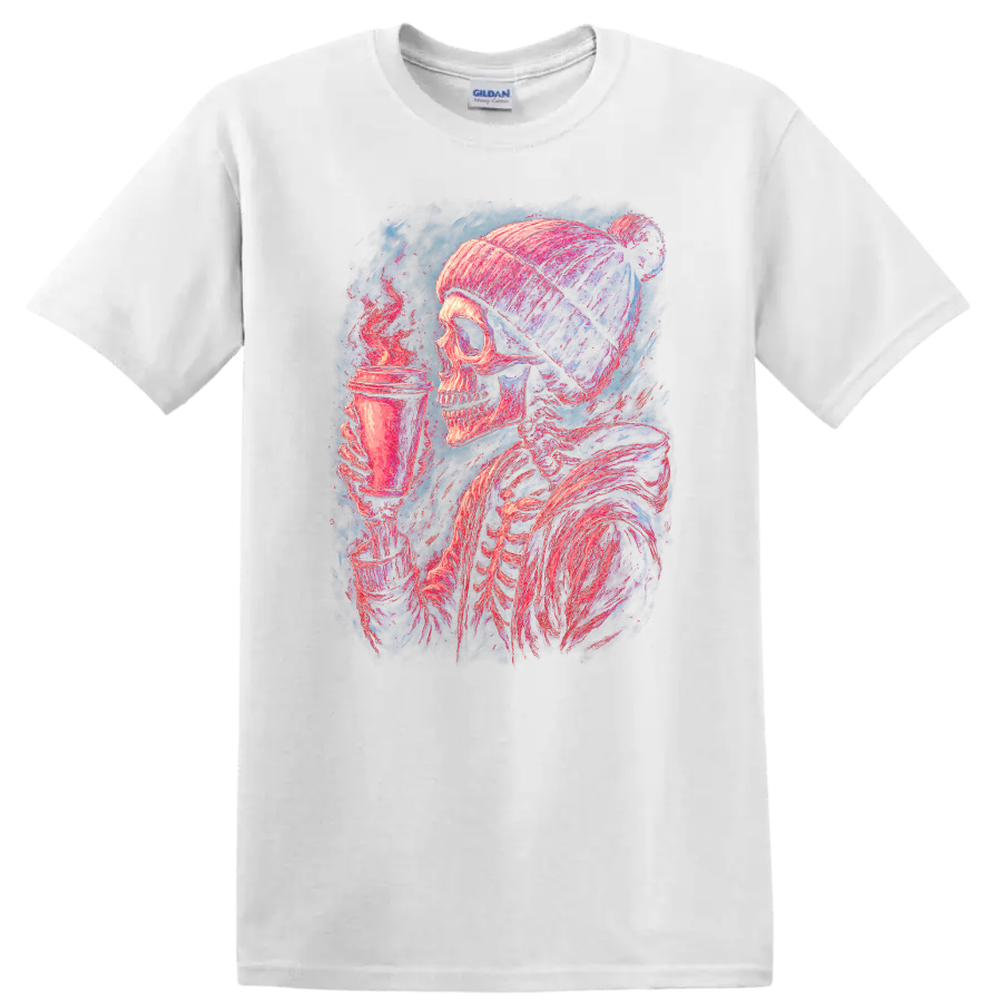 Vintage gothic skeleton in a beanie holding a steaming coffee cup on a White T Shirt