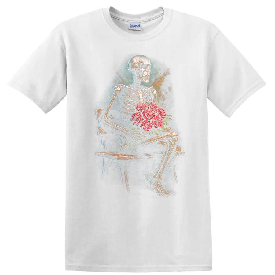 Vintage gothic skeleton holding red roses on a bench in distressed floral art on a White T Shirt