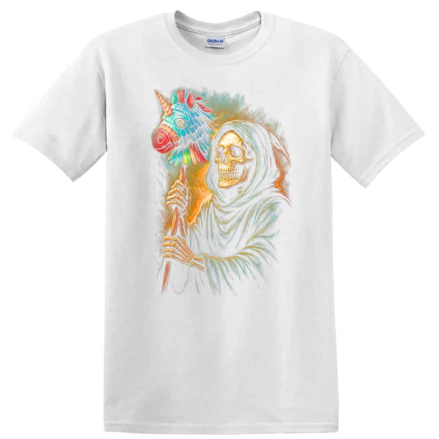 Hooded skeleton holding a colorful unicorn piñata in a vivid gothic illustration on a White T Shirt
