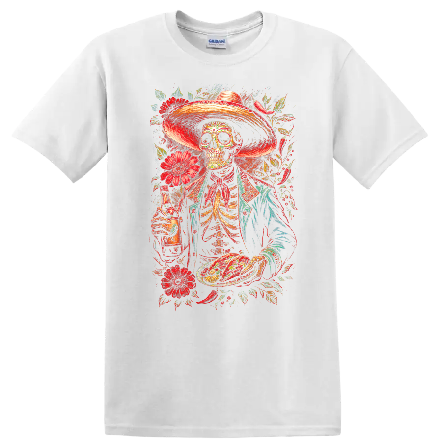 Vintage gothic skeleton in sombrero with tacos, bottle, and red flowers on a White T Shirt