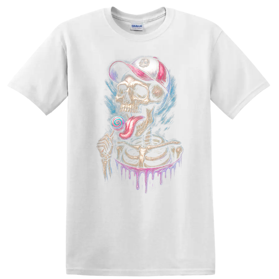 Gothic skeleton skull in cap licking a spiral lollipop with colorful paint drips on a White T Shirt