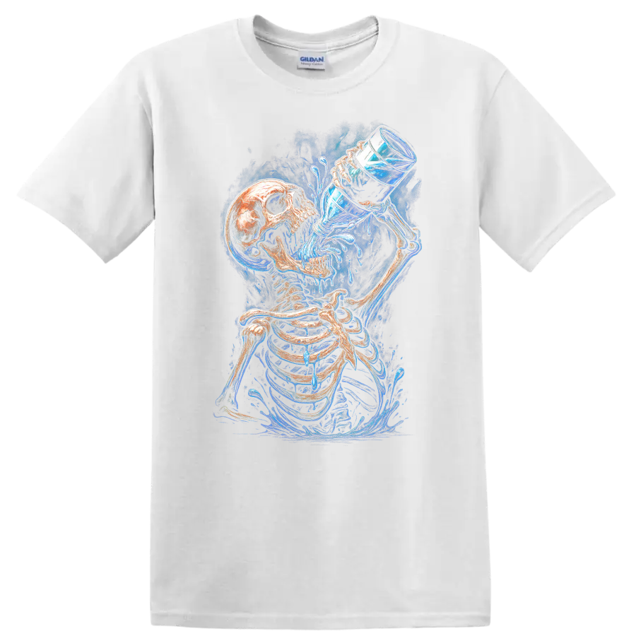 Vintage gothic skeleton drinking water with vivid blue splashes and skull art on a White T Shirt