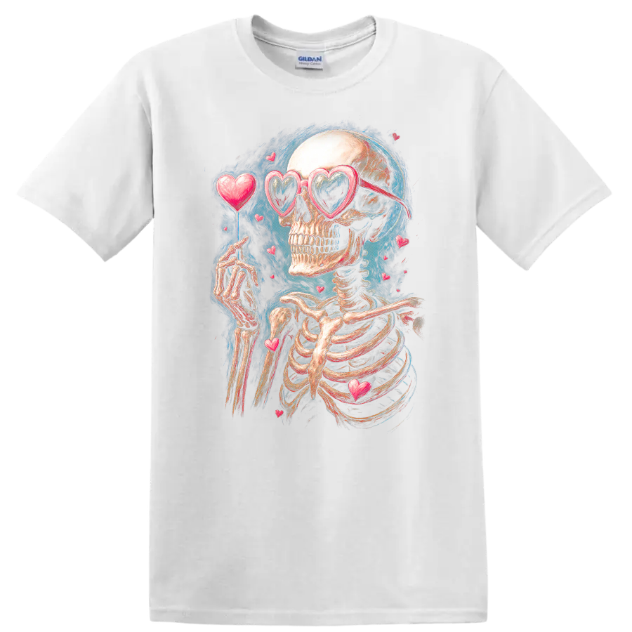 Vintage gothic skeleton in heart sunglasses surrounded by floating hearts on a White T Shirt