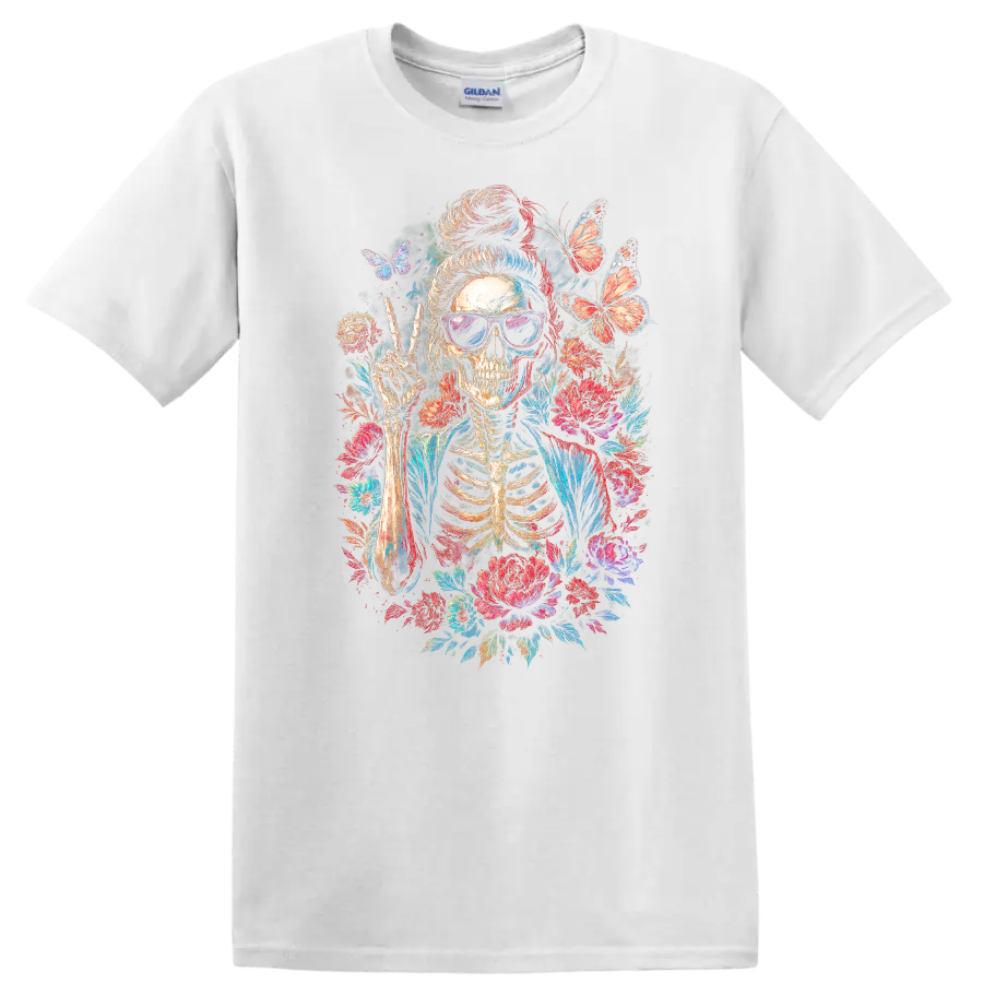 Vintage skeleton in sunglasses making a peace sign with flowers and butterflies on a White T Shirt