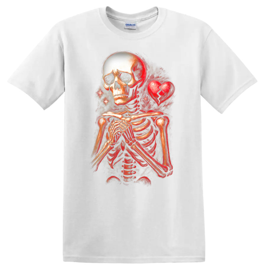 Crying skeleton with clasped hands and cracked heart in vintage gothic art on a White T Shirt