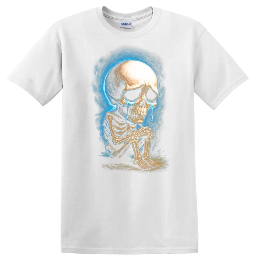 Crying seated skeleton with blue tears and smoky gothic skull artwork on a White T Shirt