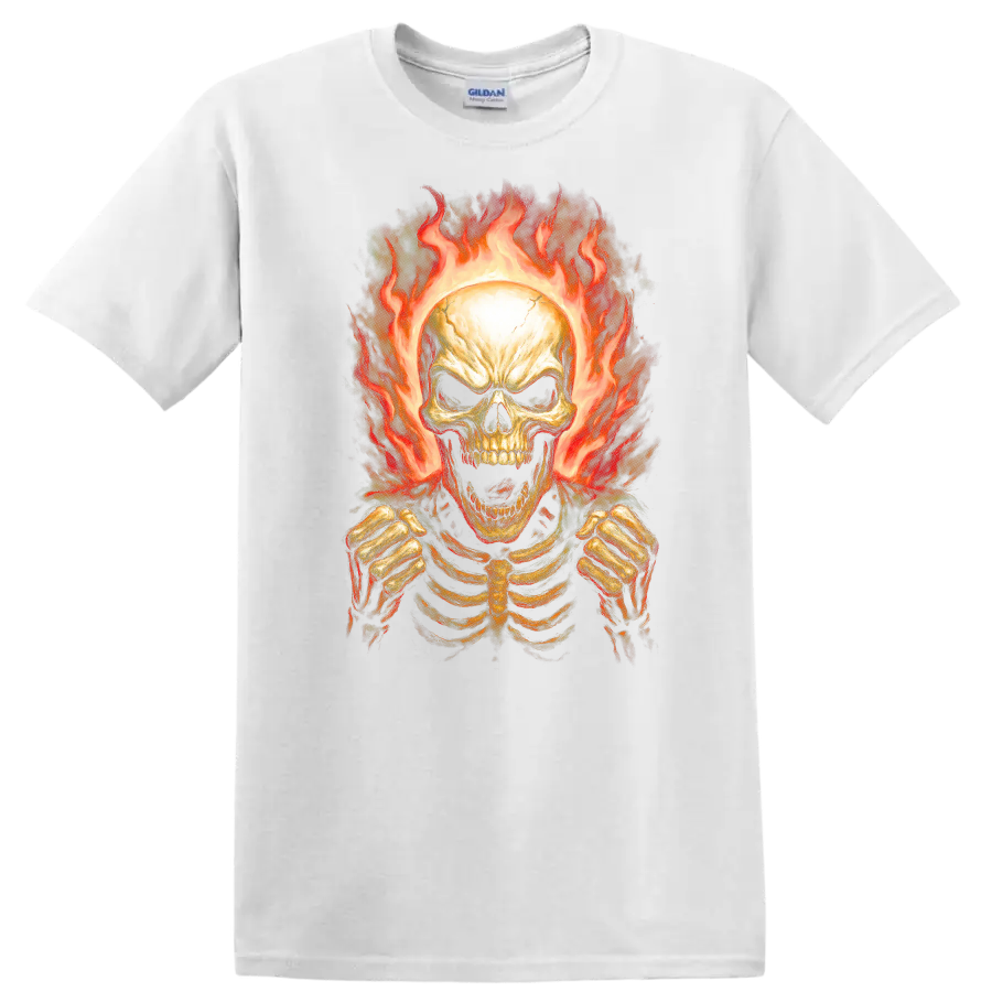 Vintage gothic flaming skeleton skull with rib cage and clenched hands on a White T Shirt