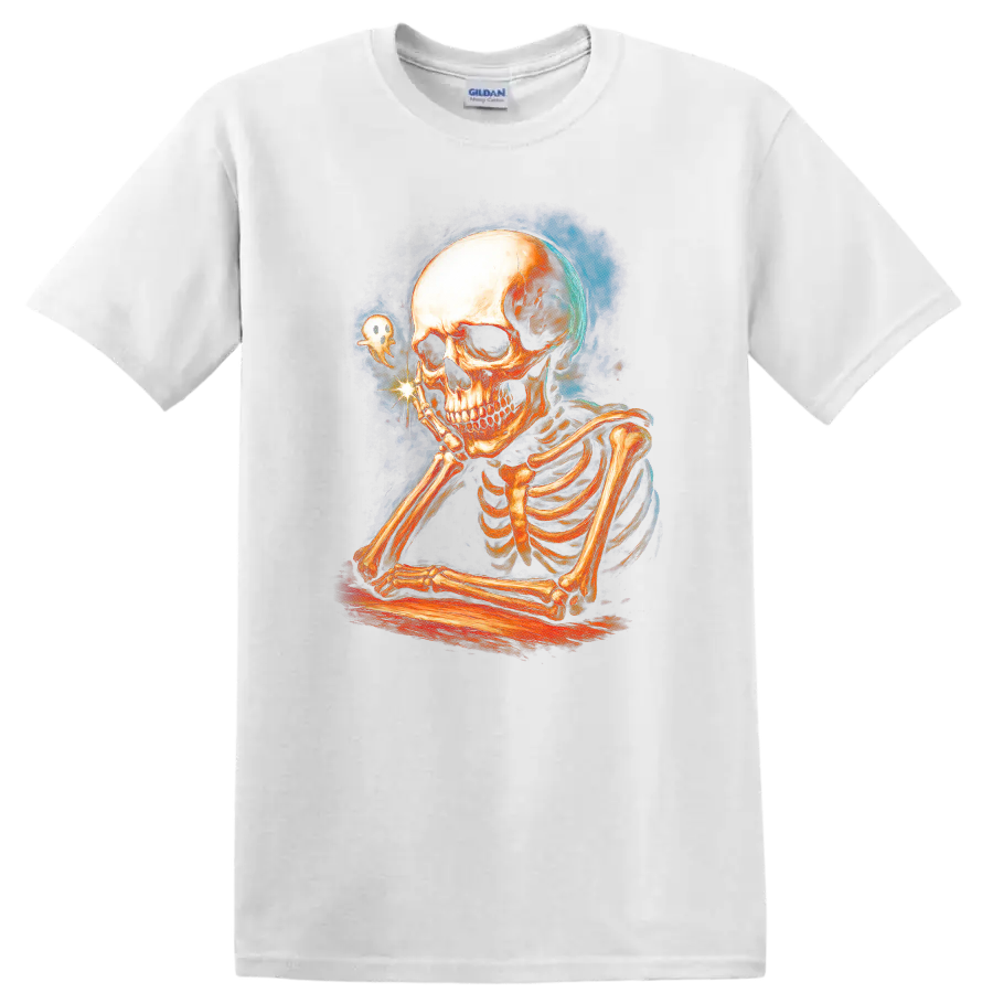 Contemplative skeleton with a tiny ghost in vintage Gothic illustration on a White T Shirt