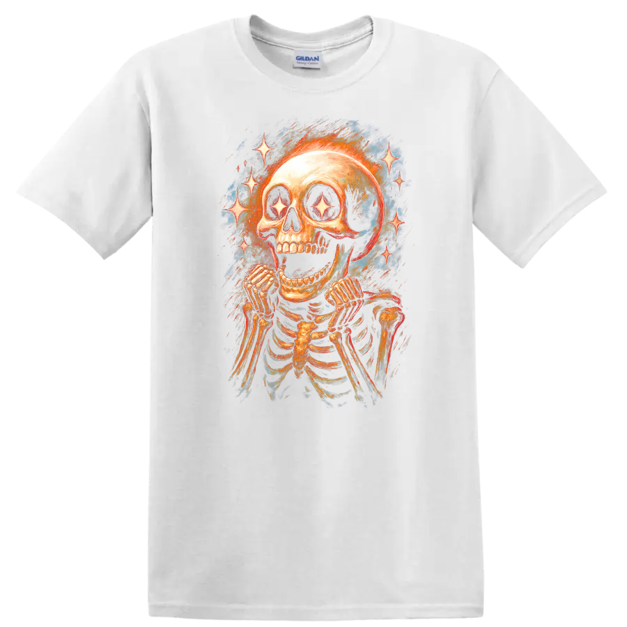 Vintage gothic grinning skeleton skull with sparkling star eyes and radiant stars on a White T Shirt